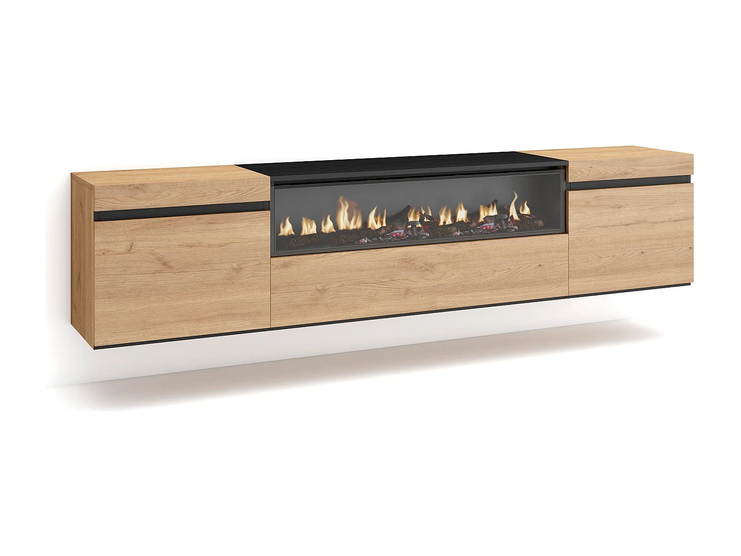 TV-Schrank, Lowboard, 200x35x45cm, Für TV-Geräte bis zu 80", Elektrokamin, Hängend, Eiche Schwarz