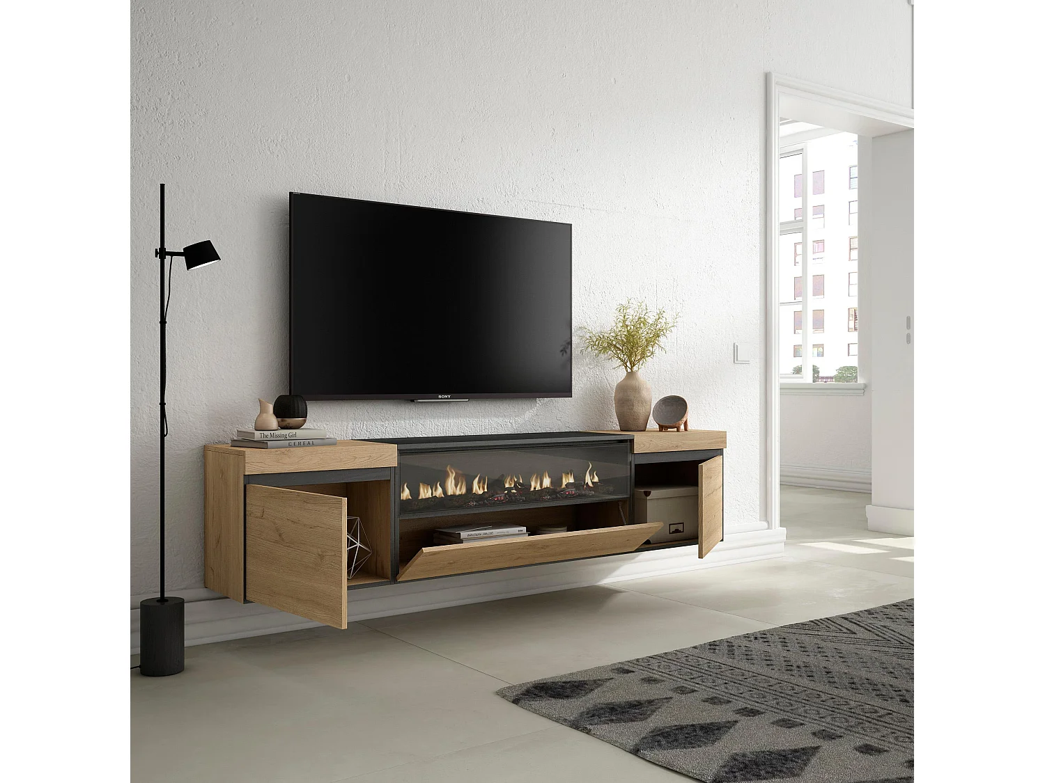 TV-Schrank, Lowboard, 200x35x45cm, Für TV-Geräte bis zu 80", Elektrokamin, Hängend, Eiche Schwarz