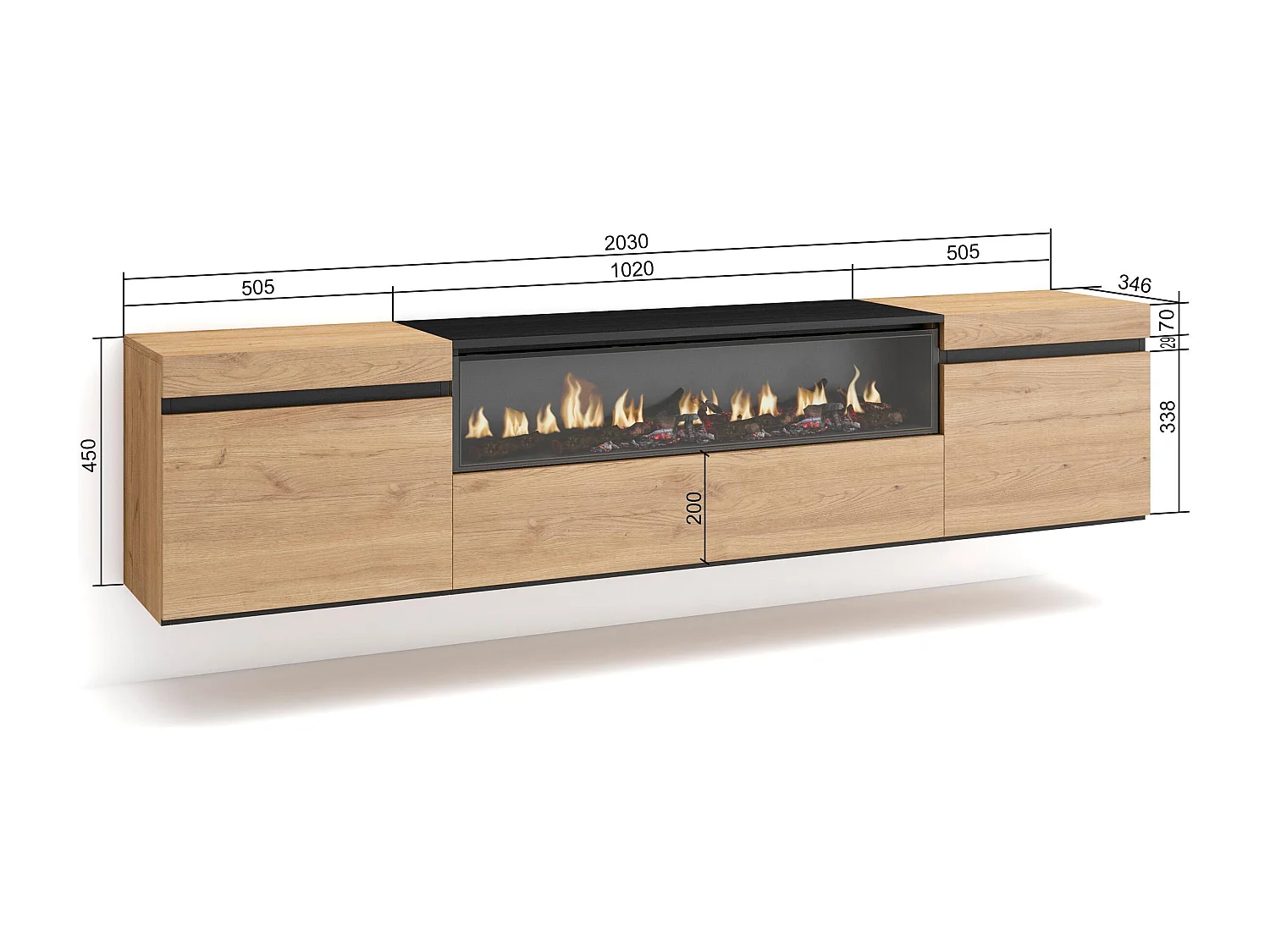 TV-Schrank, Lowboard, 200x35x45cm, Für TV-Geräte bis zu 80", Elektrokamin, Hängend, Eiche Schwarz