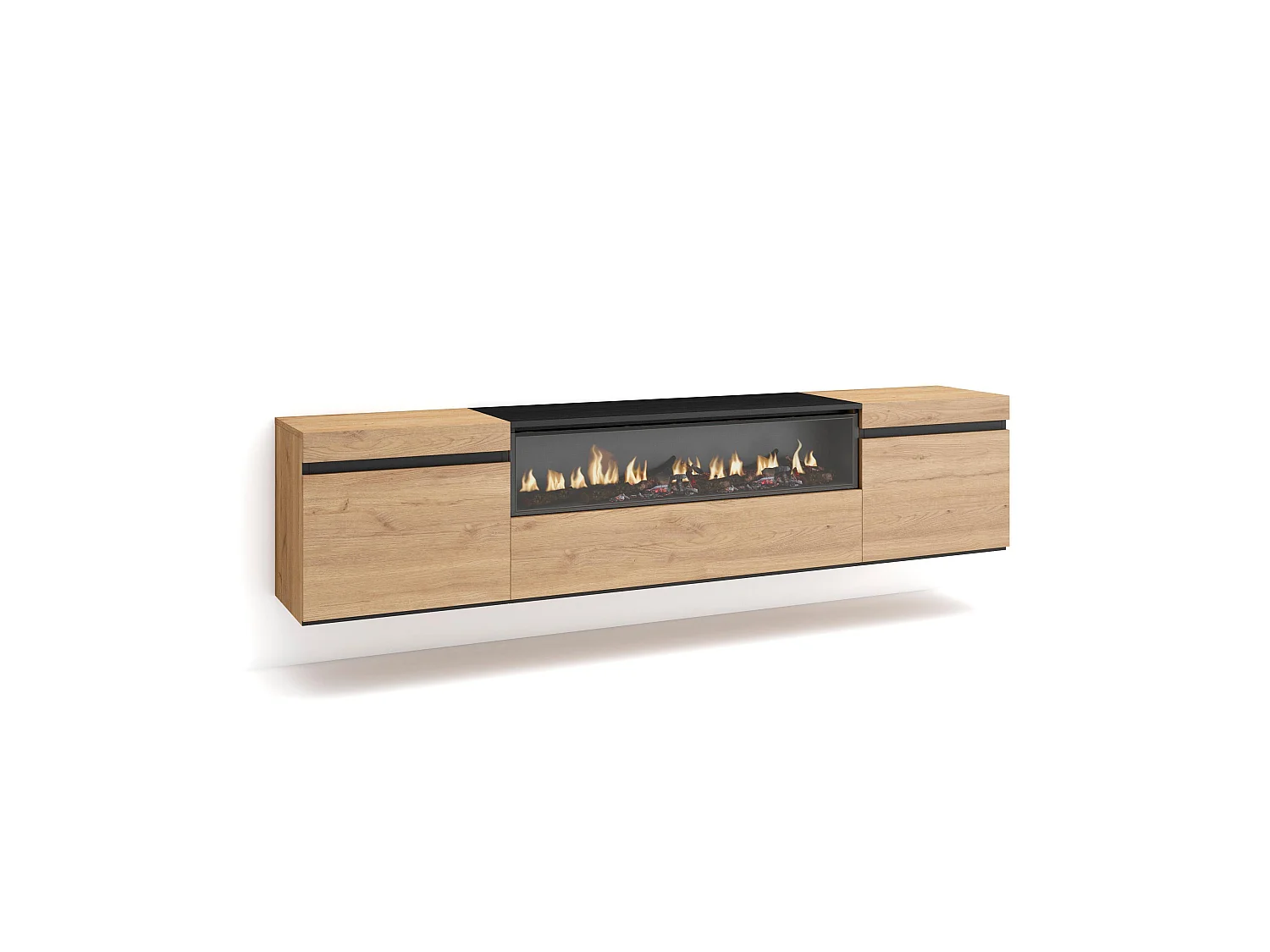 TV-Meubel, Lowboard, 200x35x45cm, Voor tv's tot 80", Elektrische haard, Hangend, Eiken/Zwart