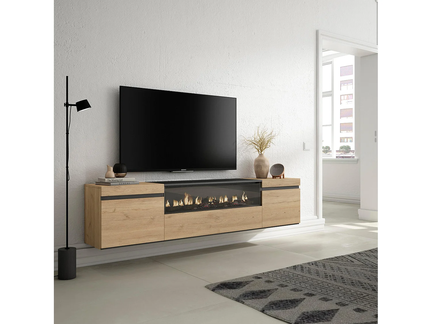 Meuble TV, Banc Télé, 200x35x45cm, Pour les TV jusqu'à 80", Cheminée électrique, Suspendu, Mural, Chêne et noir