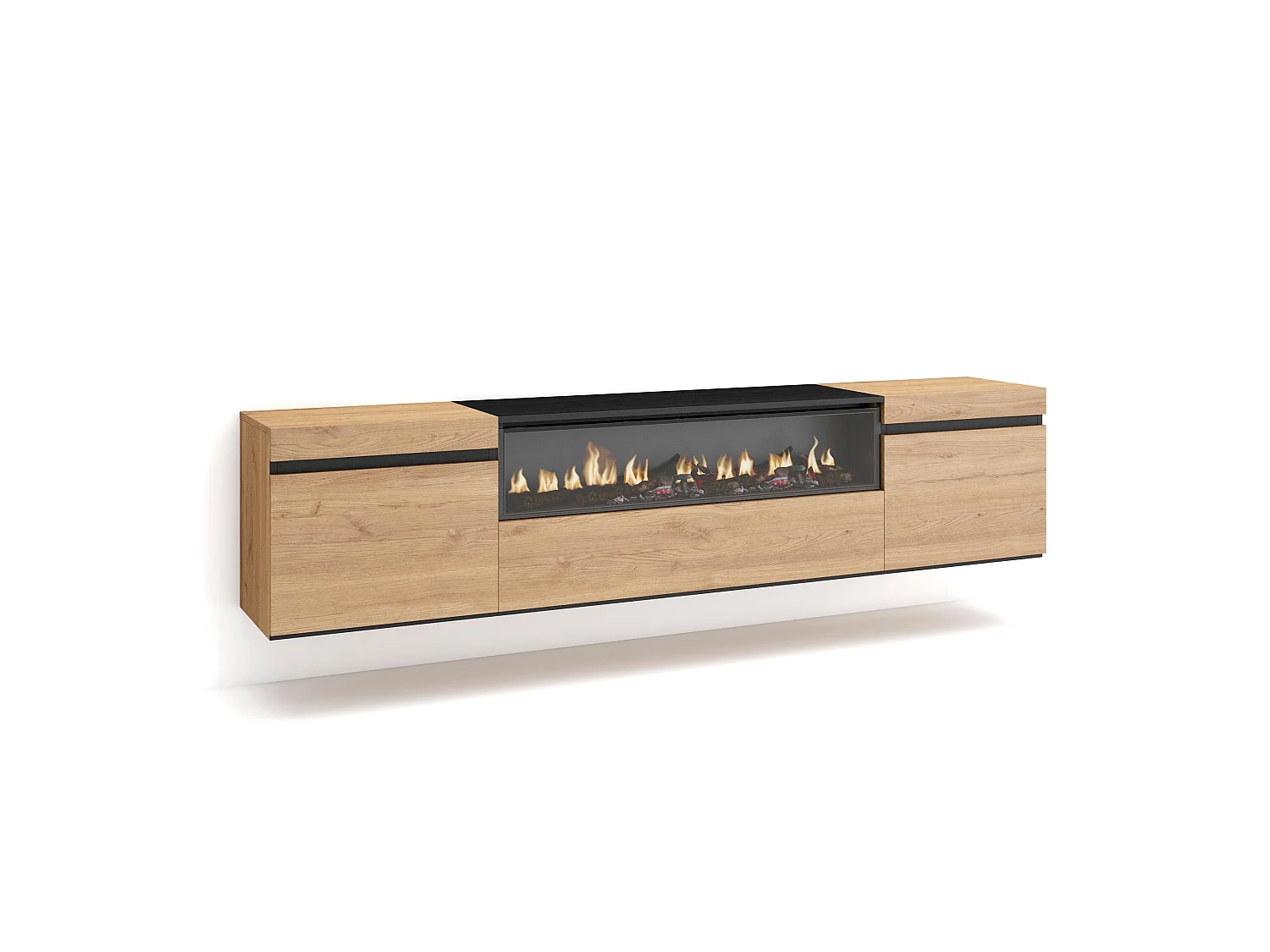 TV-Schrank, Lowboard, 200x35x45cm, Für TV-Geräte bis zu 80", Elektrokamin, Hängend, Eiche Schwarz
