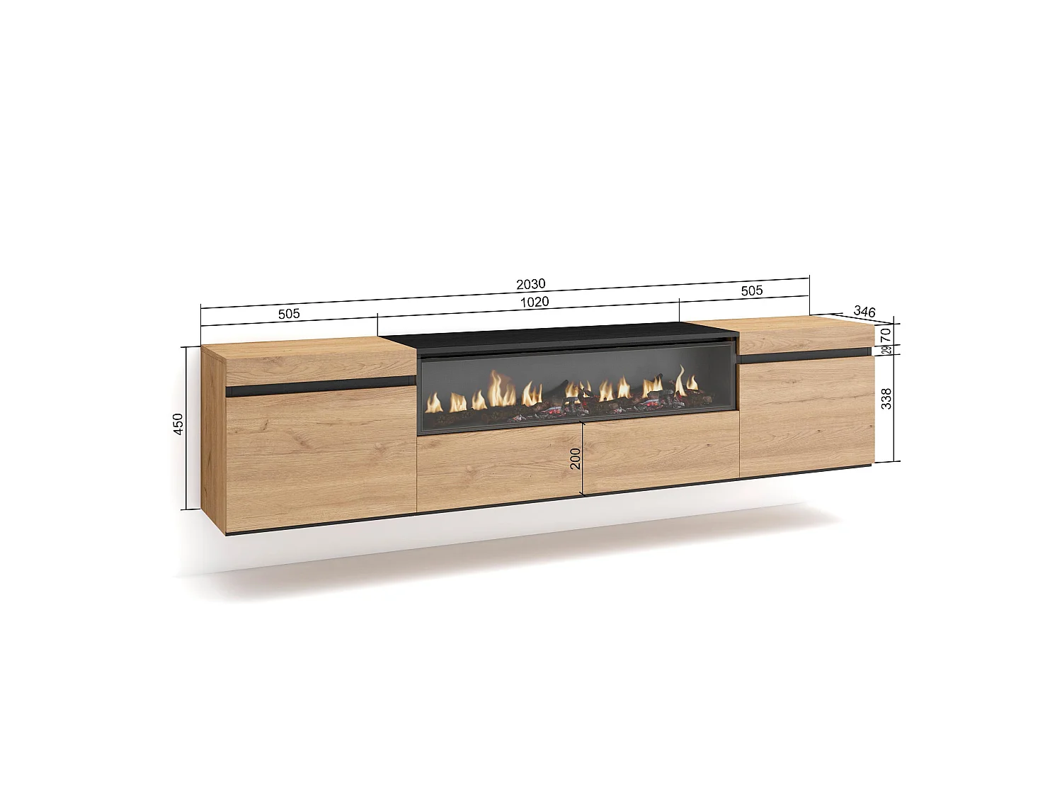 TV-Schrank, Lowboard, 200x35x45cm, Für TV-Geräte bis zu 80", Elektrokamin, Hängend, Eiche Schwarz