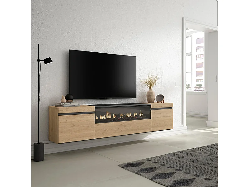TV-Meubel, Lowboard, 200x35x45cm, Voor tv's tot 80", Elektrische haard, Hangend, Eiken/Zwart