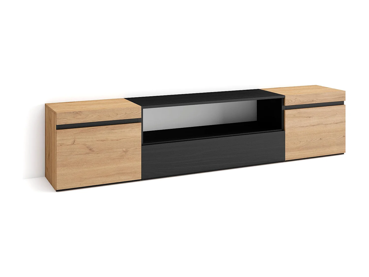 TV-Schrank, Lowboard, 200x35x45cm, Für TV-Geräte bis zu 80", Fernsehtisch, Eiche Schwarz