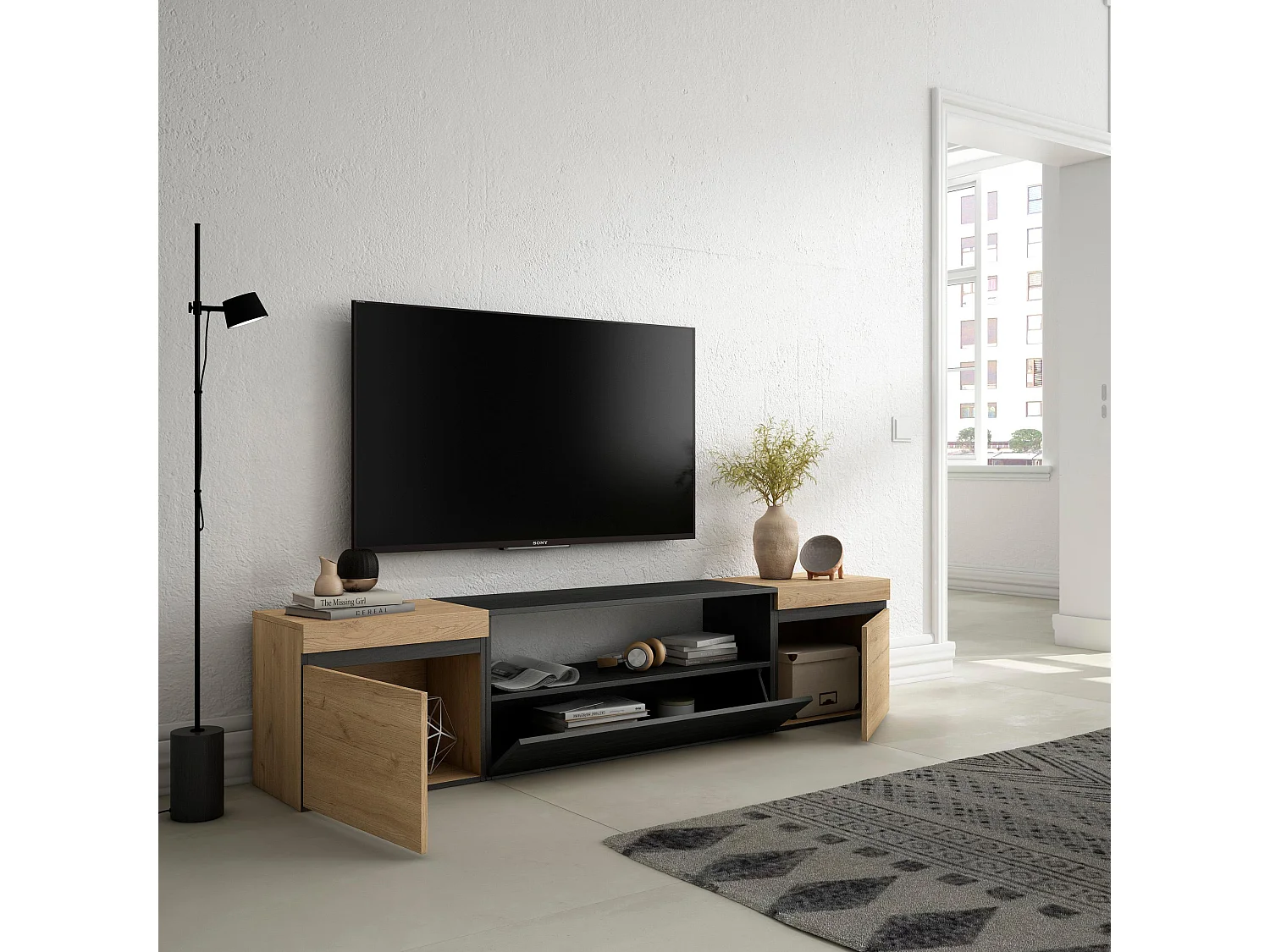 TV-Schrank, Lowboard, 200x35x45cm, Für TV-Geräte bis zu 80", Fernsehtisch, Eiche Schwarz