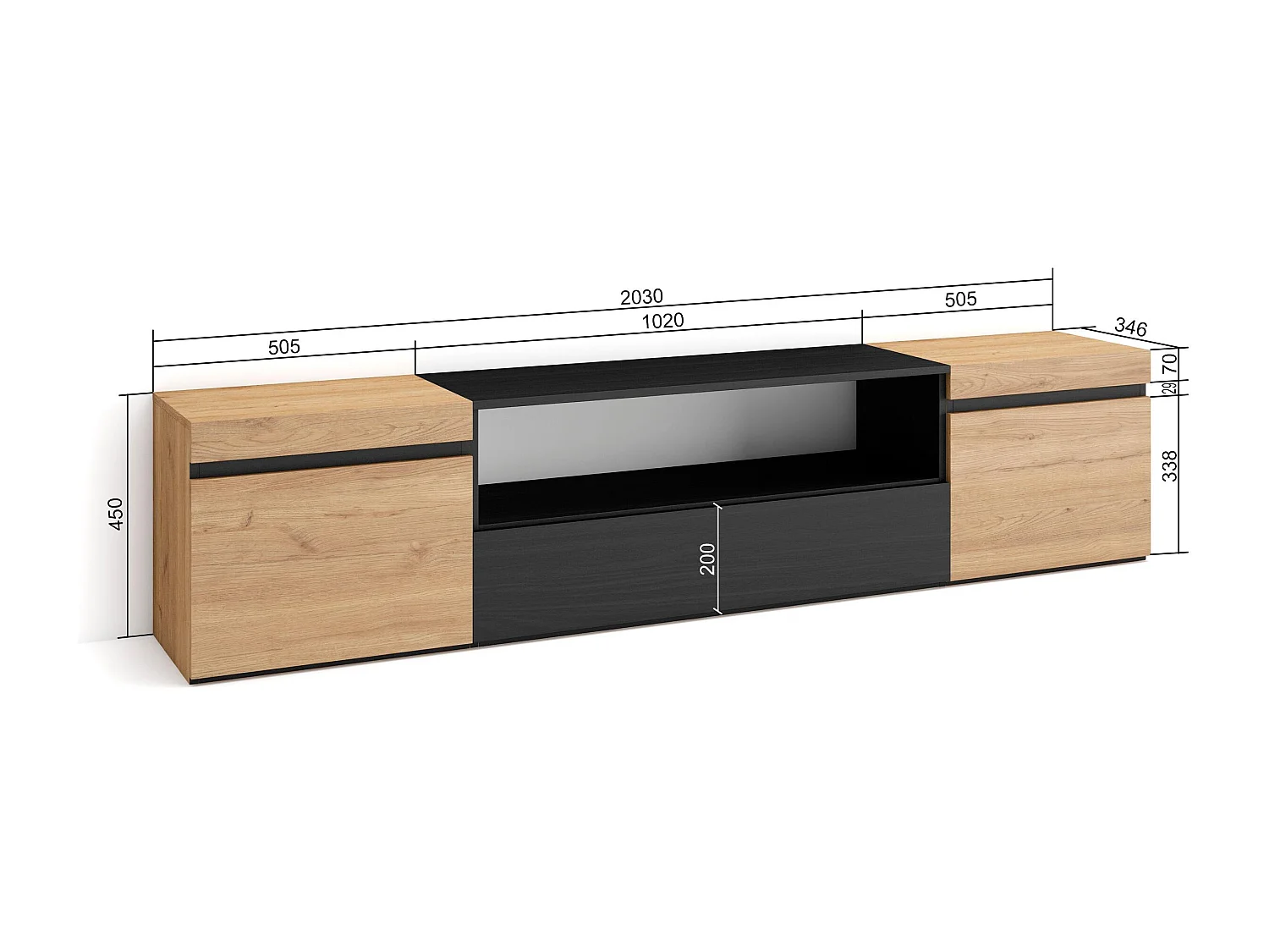 TV-Schrank, Lowboard, 200x35x45cm, Für TV-Geräte bis zu 80", Fernsehtisch, Eiche Schwarz