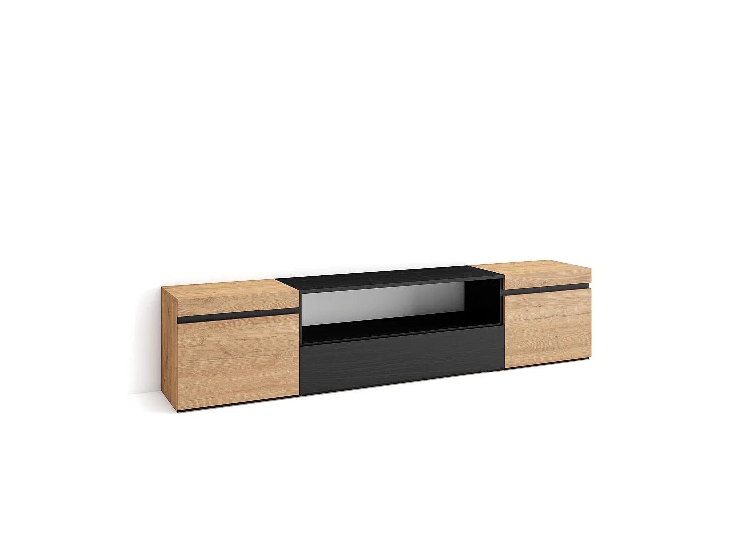 Meuble TV, Banc Télé, 200x35x45cm, Pour les TV jusqu'à 80", Meubles de salon, Chêne et noir