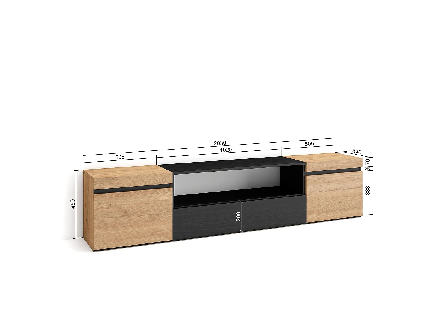 TV-Meubel, Lowboard, 200x35x45cm, Voor tv's tot 80", TV-Tafel, Eiken/Zwart