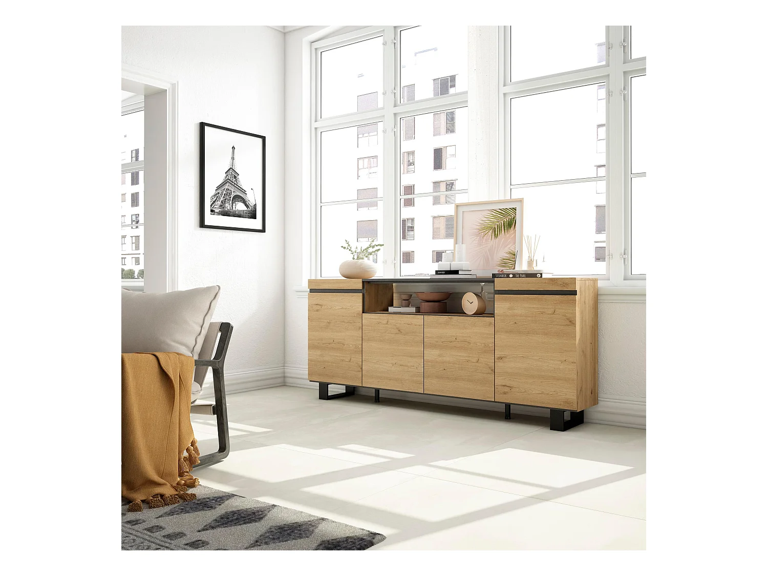 Credenza, Mobile, Cucina, 200x35x87cm, 4 Porte, Design industriale, Rovere e nero