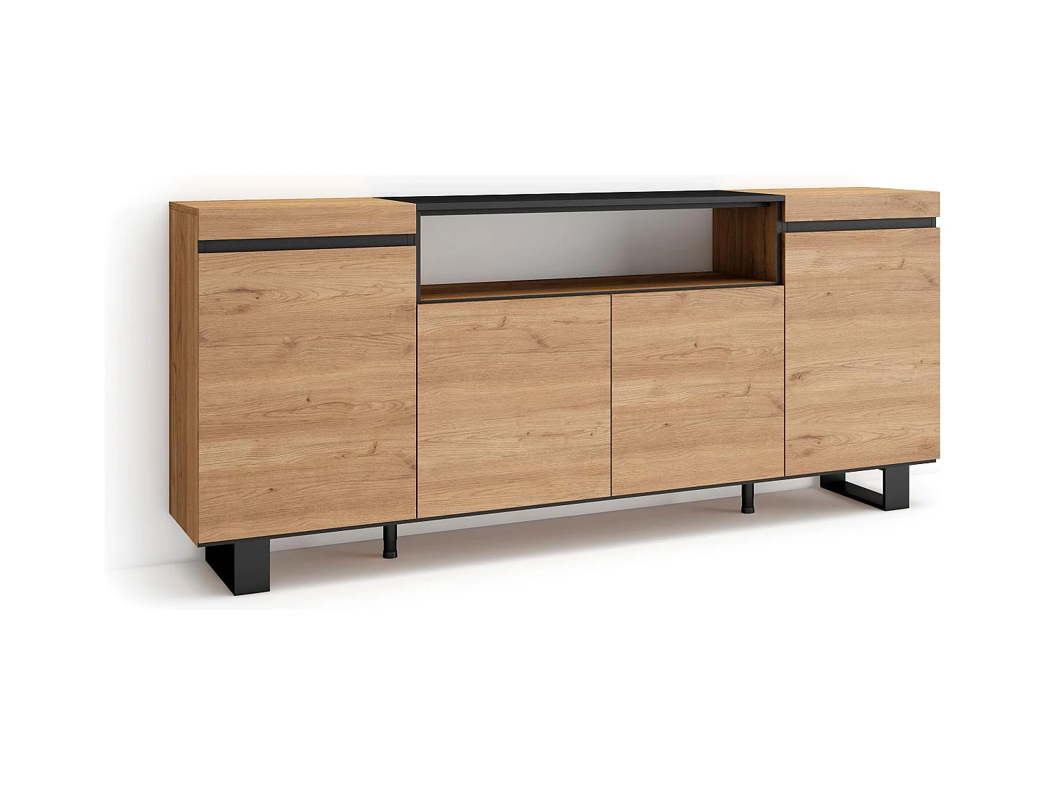 Credenza, Mobile, Cucina, 200x35x87cm, 4 Porte, Design industriale, Rovere e nero
