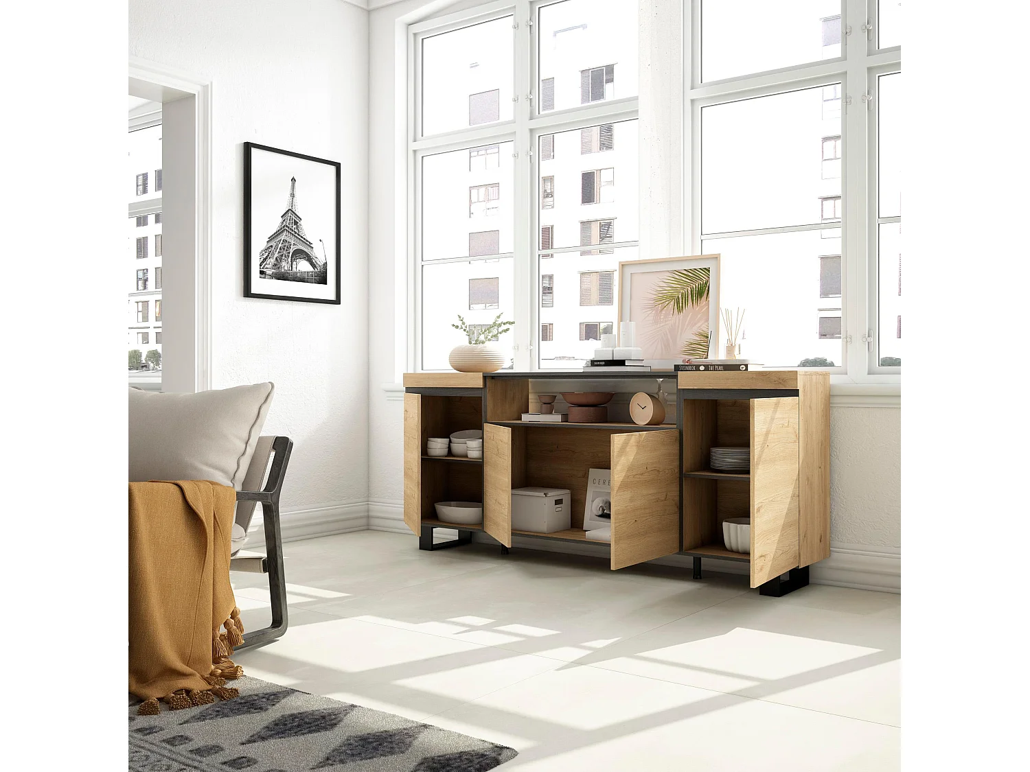 Credenza, Mobile, Cucina, 200x35x87cm, 4 Porte, Design industriale, Rovere e nero