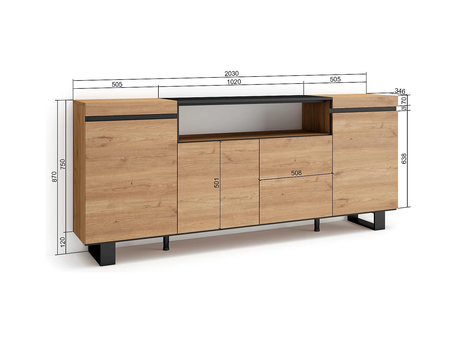 Credenza, Mobile, Cucina, 200x35x87cm, 4 Porte, Design industriale, Rovere e nero