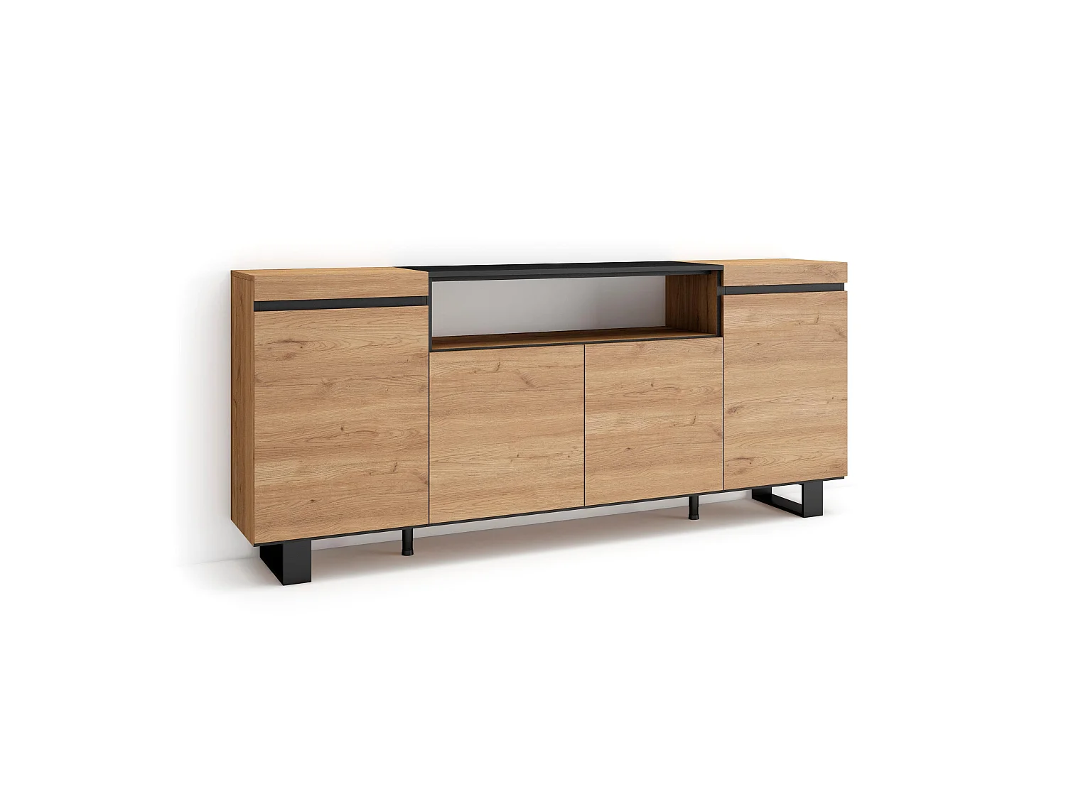 Buffet salon et cuisine, 200x35x87cm, 4 Portes, Design industriel, Chêne et noir