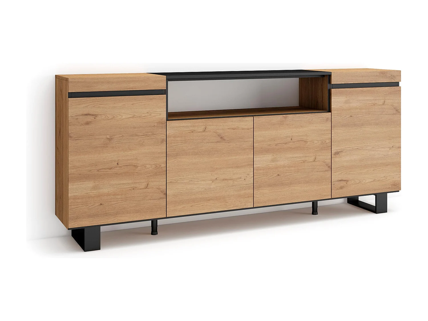 Buffet salon et cuisine, 200x35x87cm, 4 Portes, Design industriel, Chêne et noir