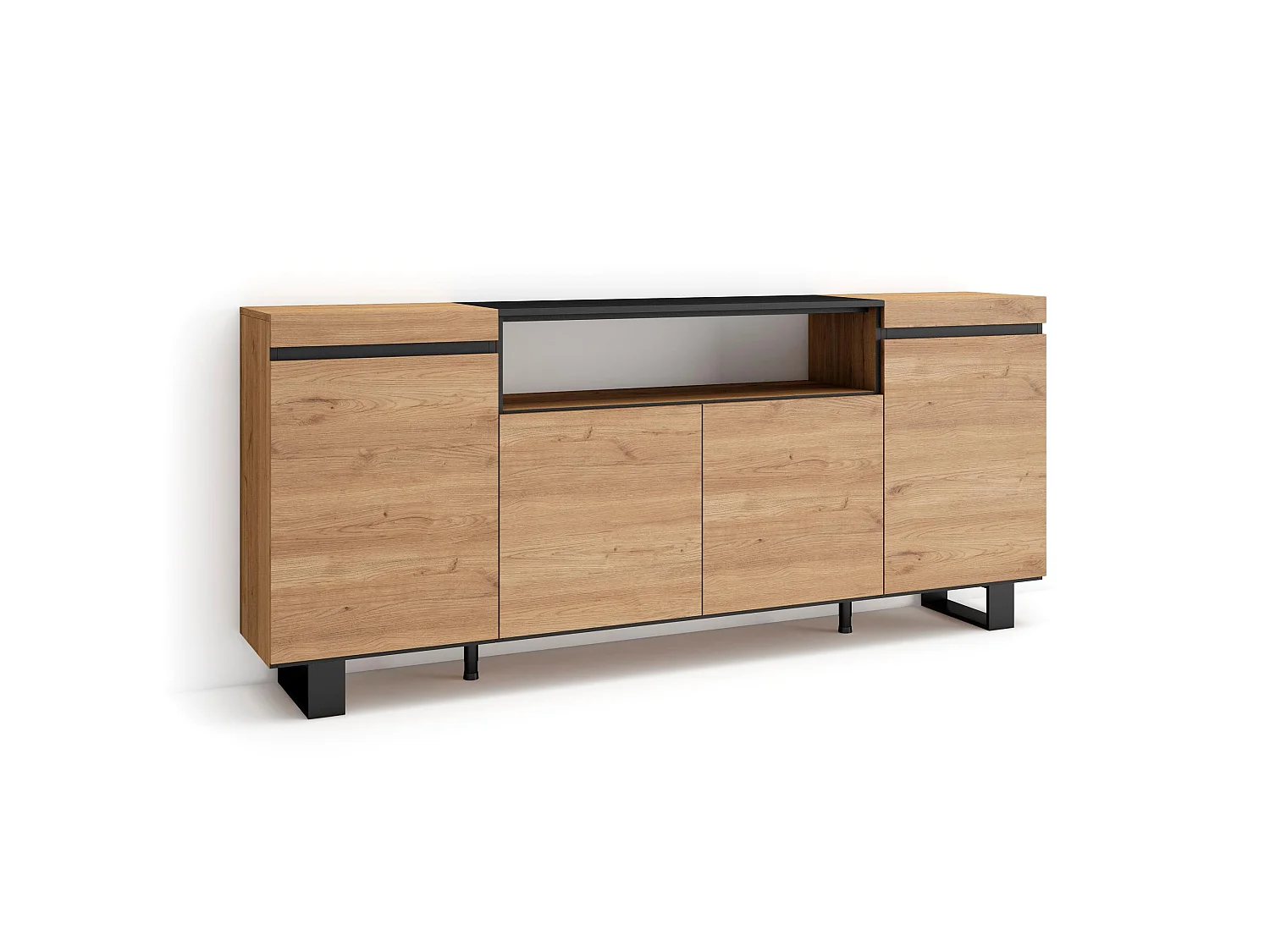 Buffet salon et cuisine, 200x35x87cm, 4 Portes, Design industriel, Chêne et noir