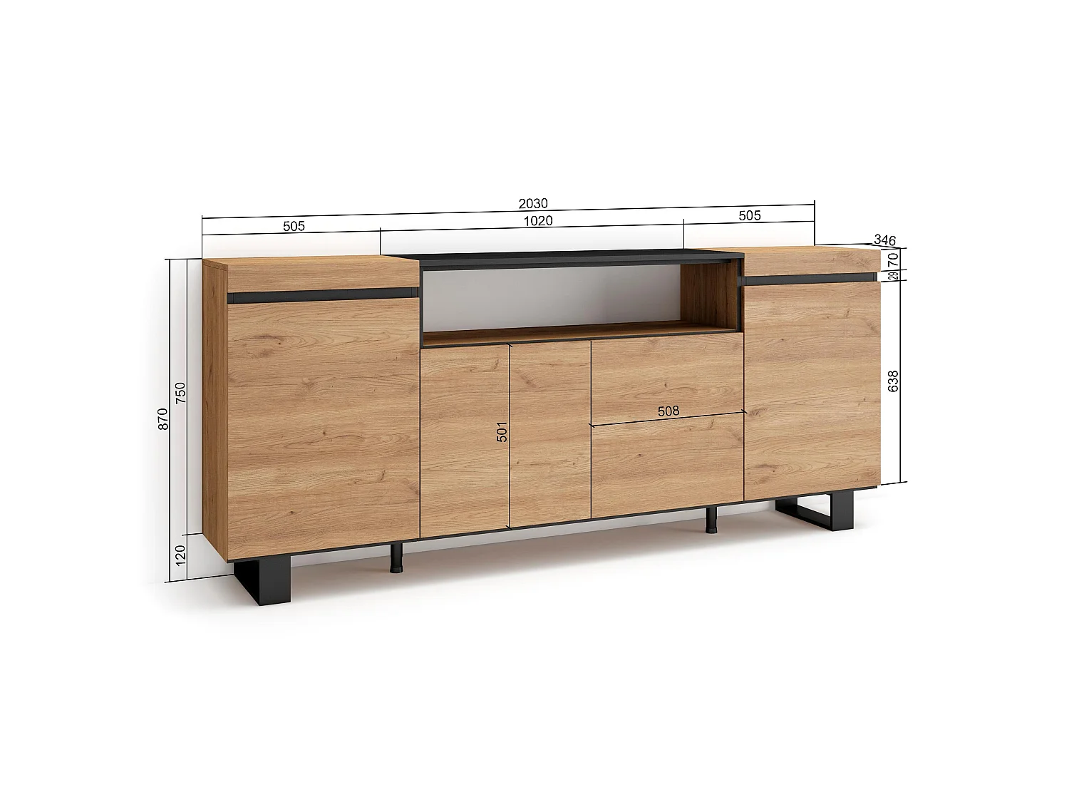 Buffet salon et cuisine, 200x35x87cm, 4 Portes, Design industriel, Chêne et noir