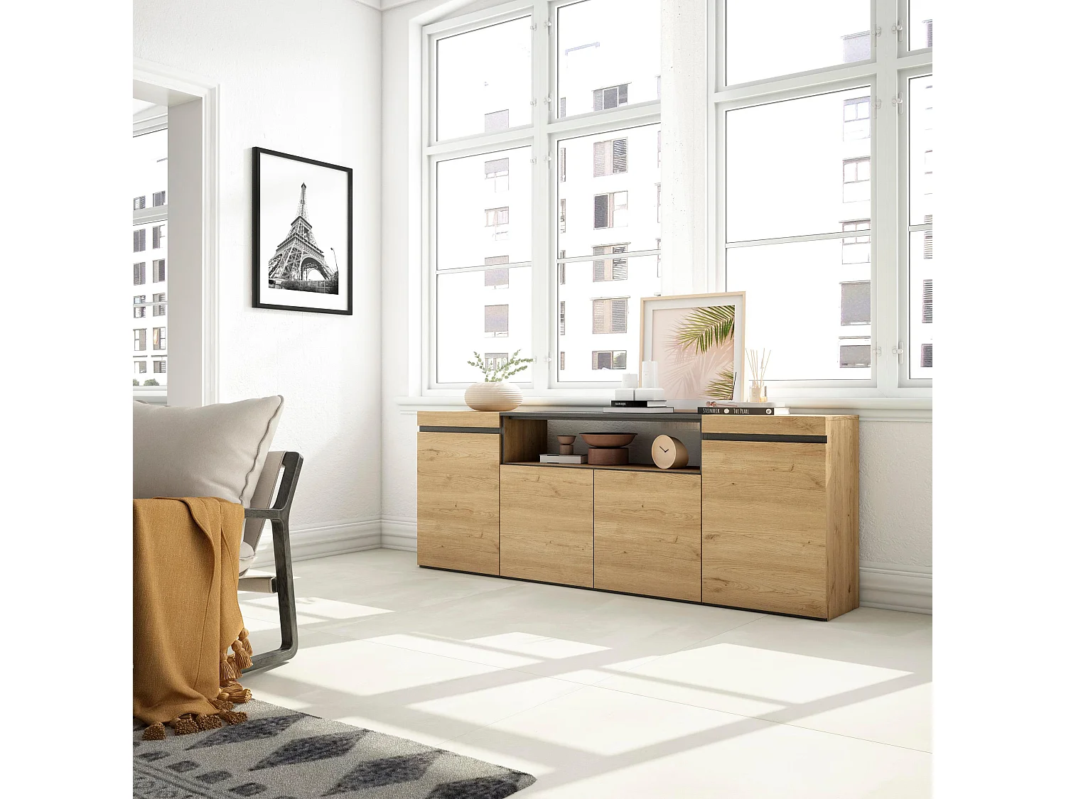 Sideboard, Highboard, 200x35x75cm, 4 Türen, Wohnzimmer, Küche, Eiche Schwarz