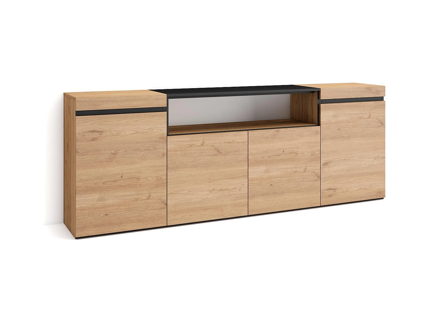 Sideboard, Highboard, 200x35x75cm, 4 Türen, Wohnzimmer, Küche, Eiche Schwarz