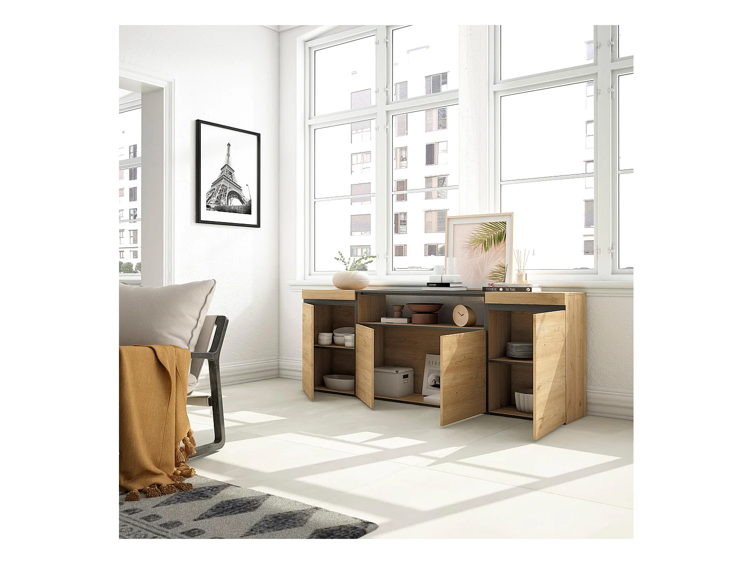 Sideboard, Highboard, 200x35x75cm, 4 Türen, Wohnzimmer, Küche, Eiche Schwarz