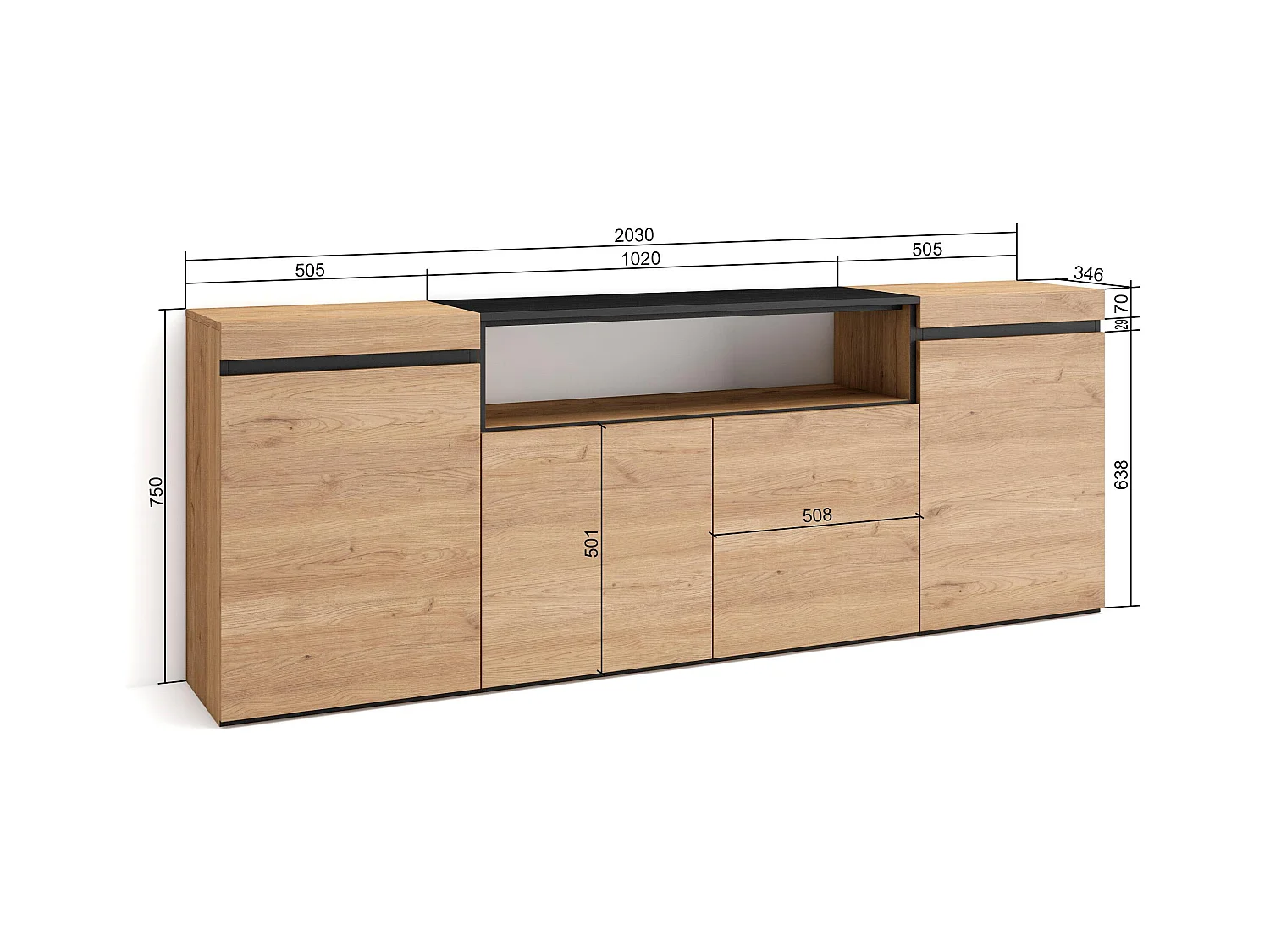 Sideboard, Highboard, 200x35x75cm, 4 Türen, Wohnzimmer, Küche, Eiche Schwarz