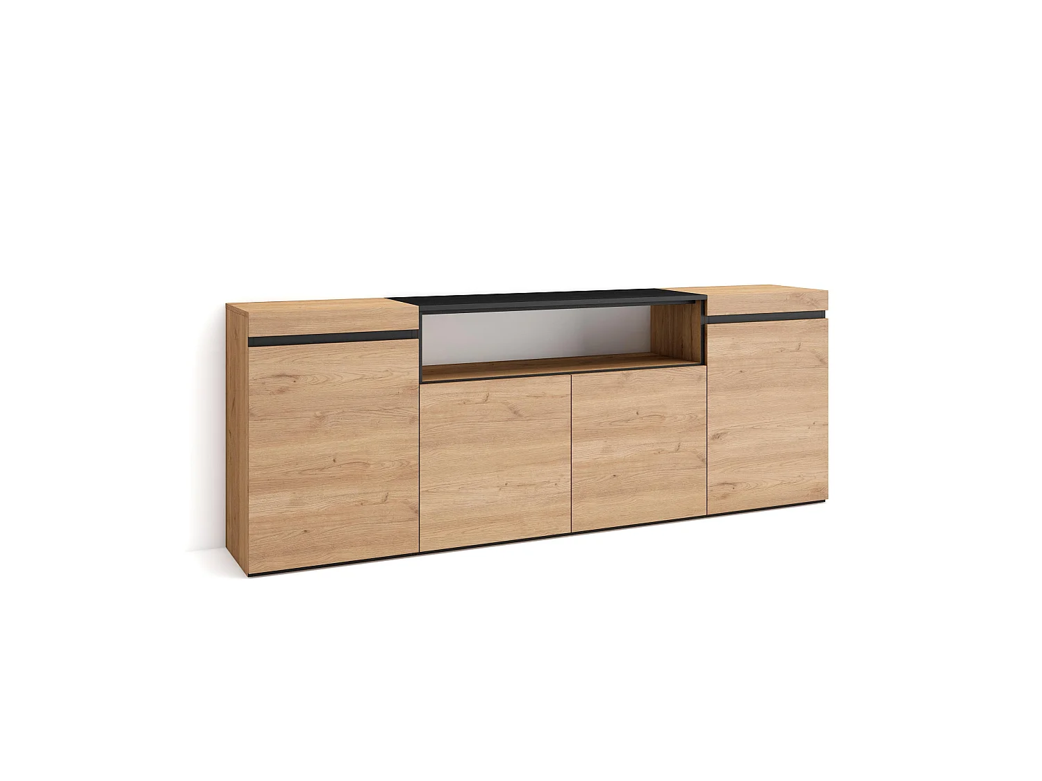 Buffet salon et cuisine, 200x75x35cm, 4 Portes, Meuble chaussure, Chêne et noir