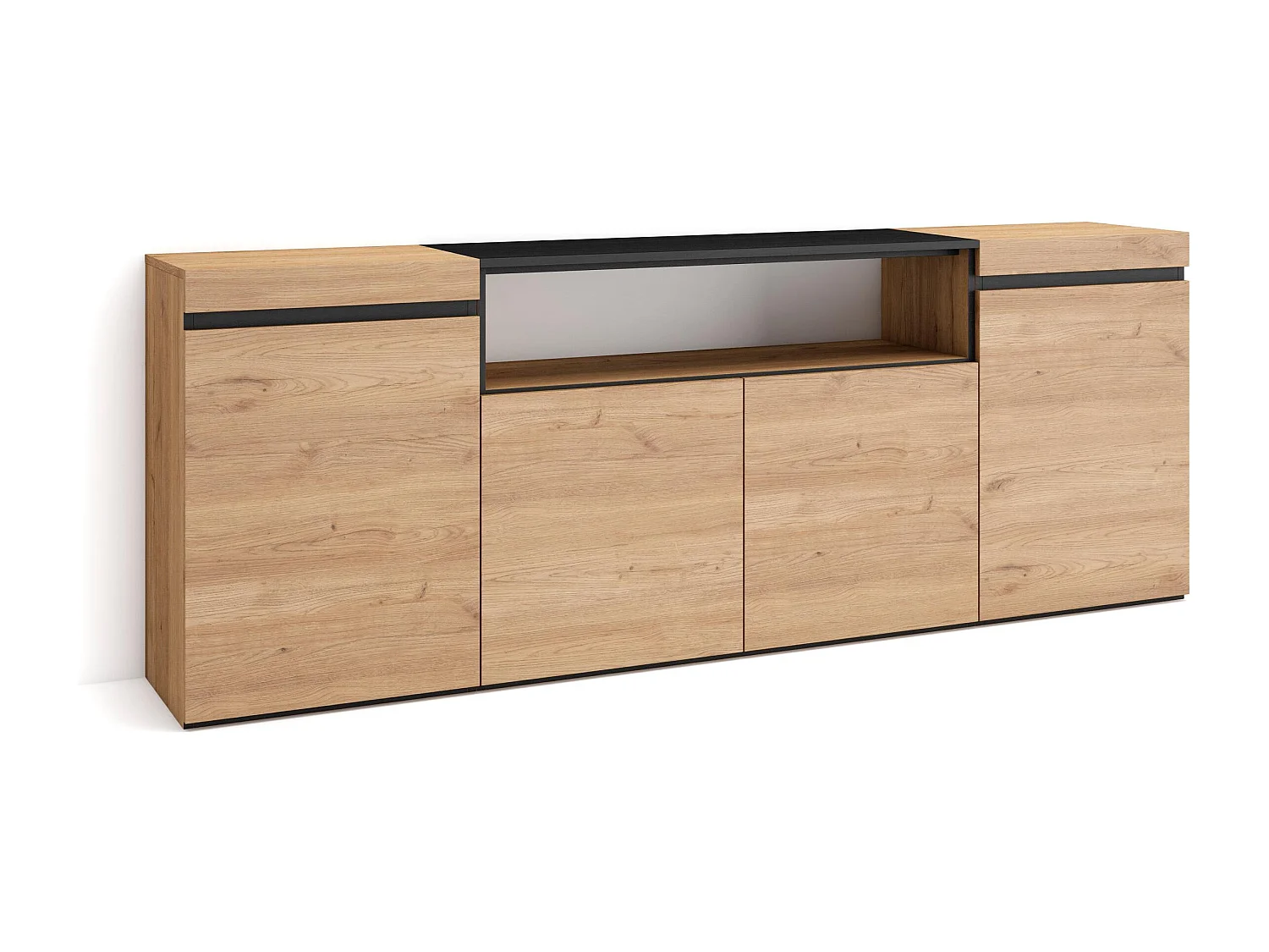 Buffet salon et cuisine, 200x75x35cm, 4 Portes, Meuble chaussure, Chêne et noir