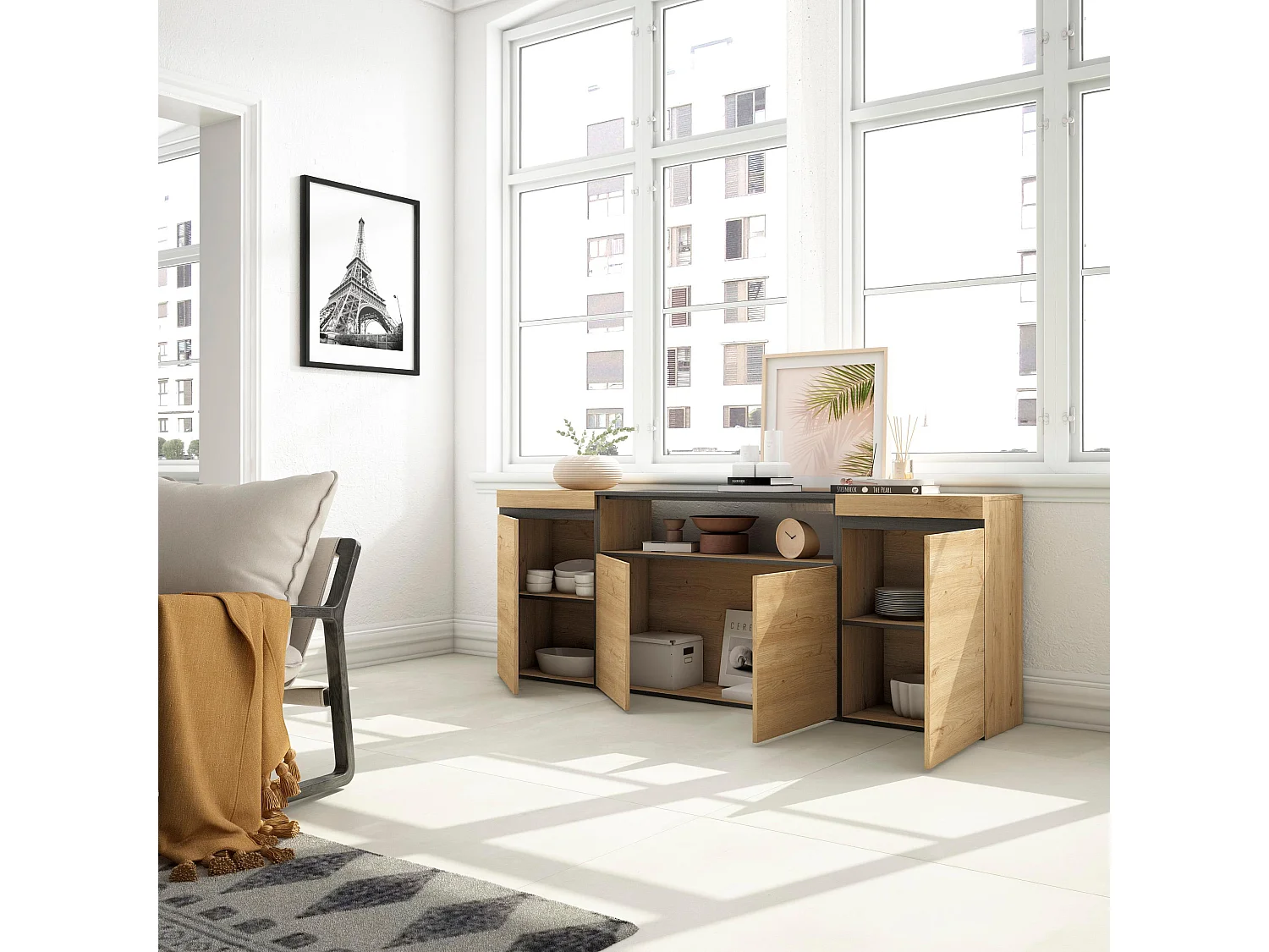 Buffet salon et cuisine, 200x75x35cm, 4 Portes, Meuble chaussure, Chêne et noir