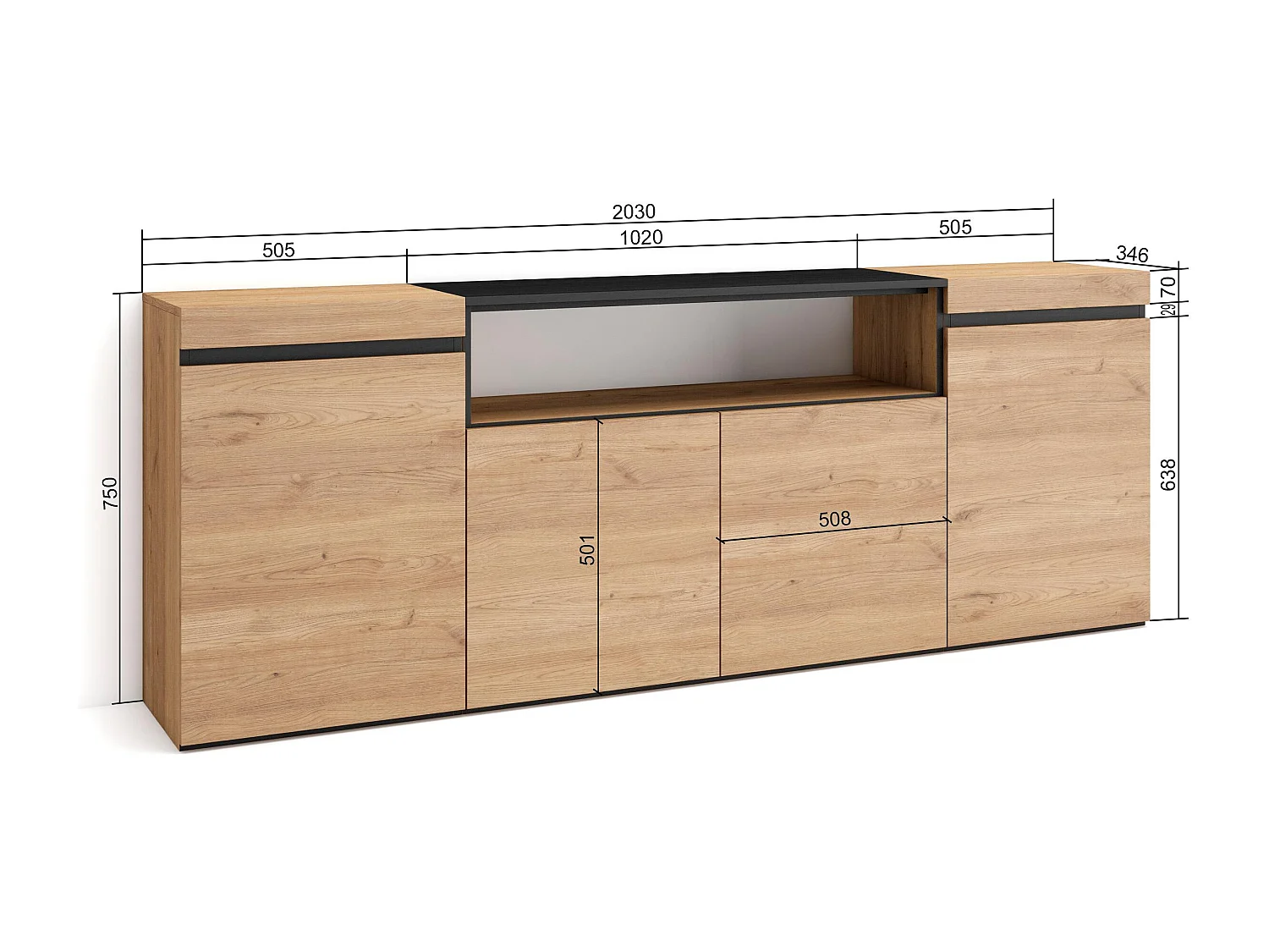 Buffet salon et cuisine, 200x75x35cm, 4 Portes, Meuble chaussure, Chêne et noir