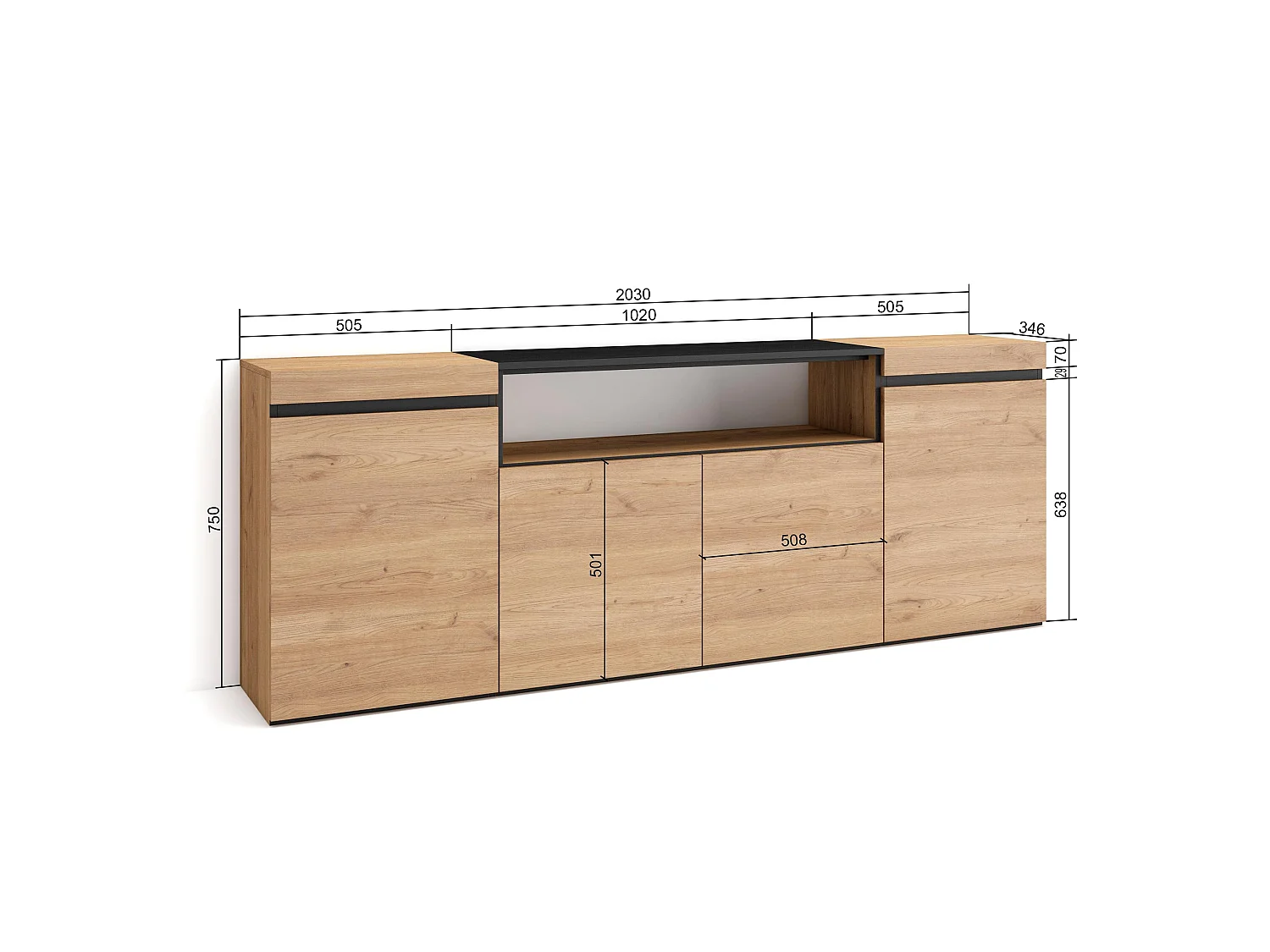 Aparadores para salón, 200x35x75cm, 4 Puertas, Armario, zapatero, Roble y negro