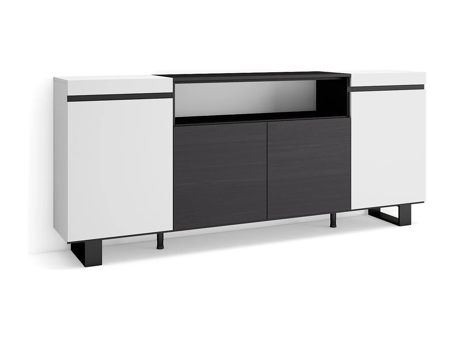 Credenza, Mobile, Cucina, 200x35x87cm, 4 Porte, Design industriale, Bianco e nero
