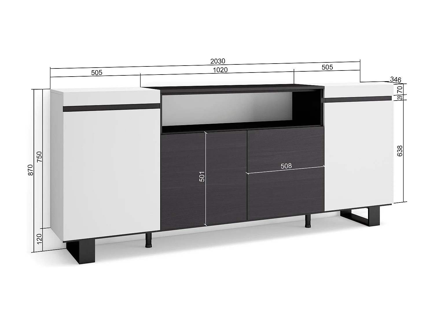 Credenza, Mobile, Cucina, 200x35x87cm, 4 Porte, Design industriale, Bianco e nero