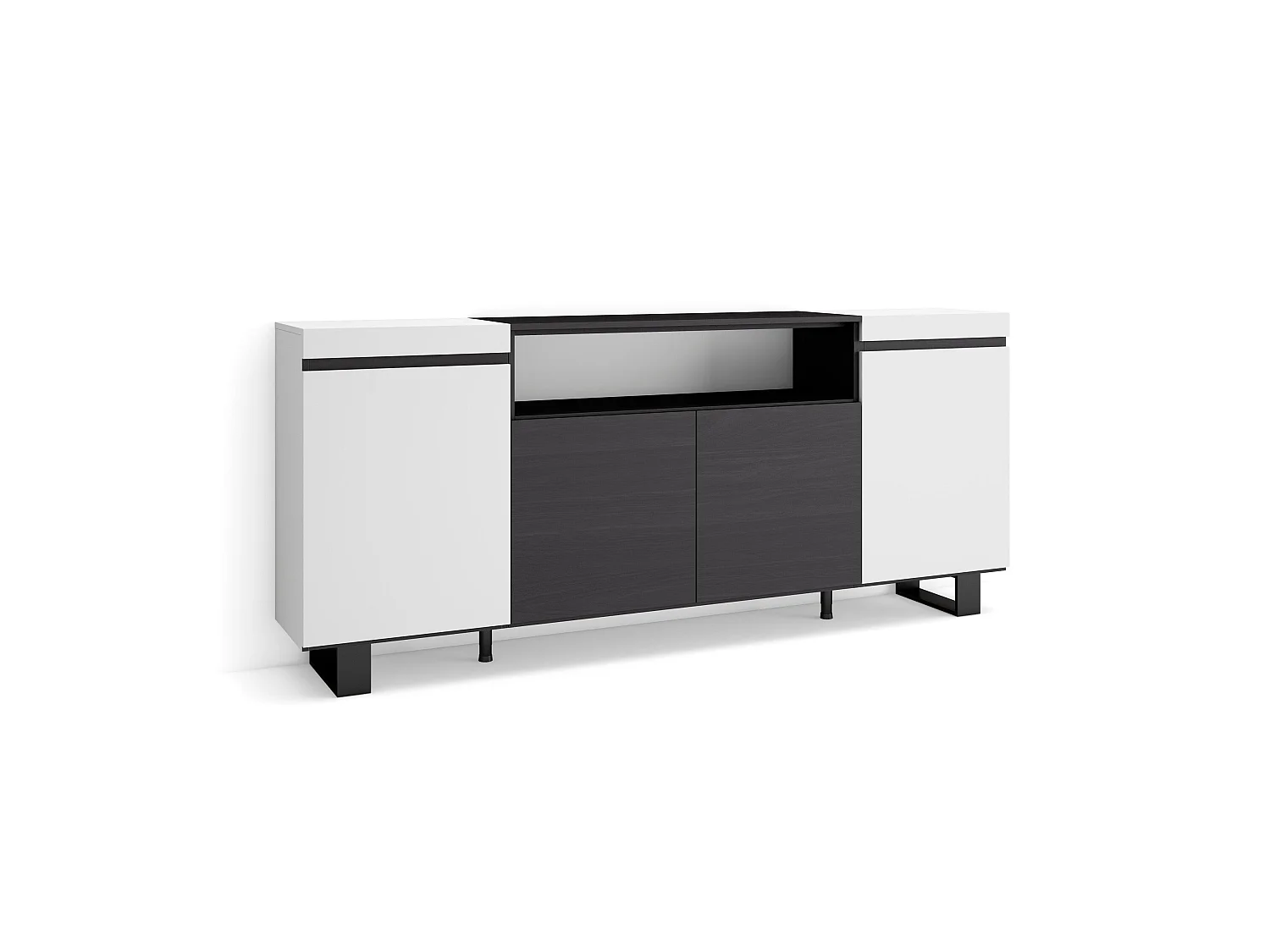 Dressoir, Opbergkast, 200x35x87cm, 4 Deuren, Industrieel design, Wit en Zwart