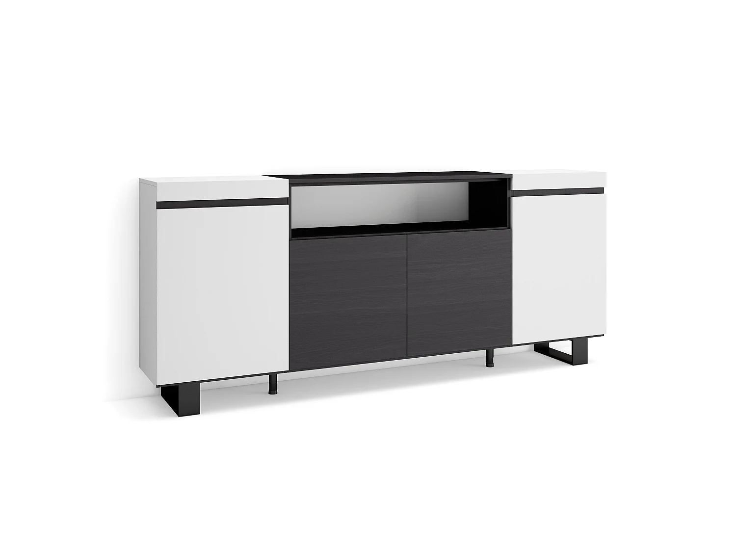 Sideboard, Highboard, 200x35x87cm, 4 Türen, Industriedesign, Weiß und Schwarz
