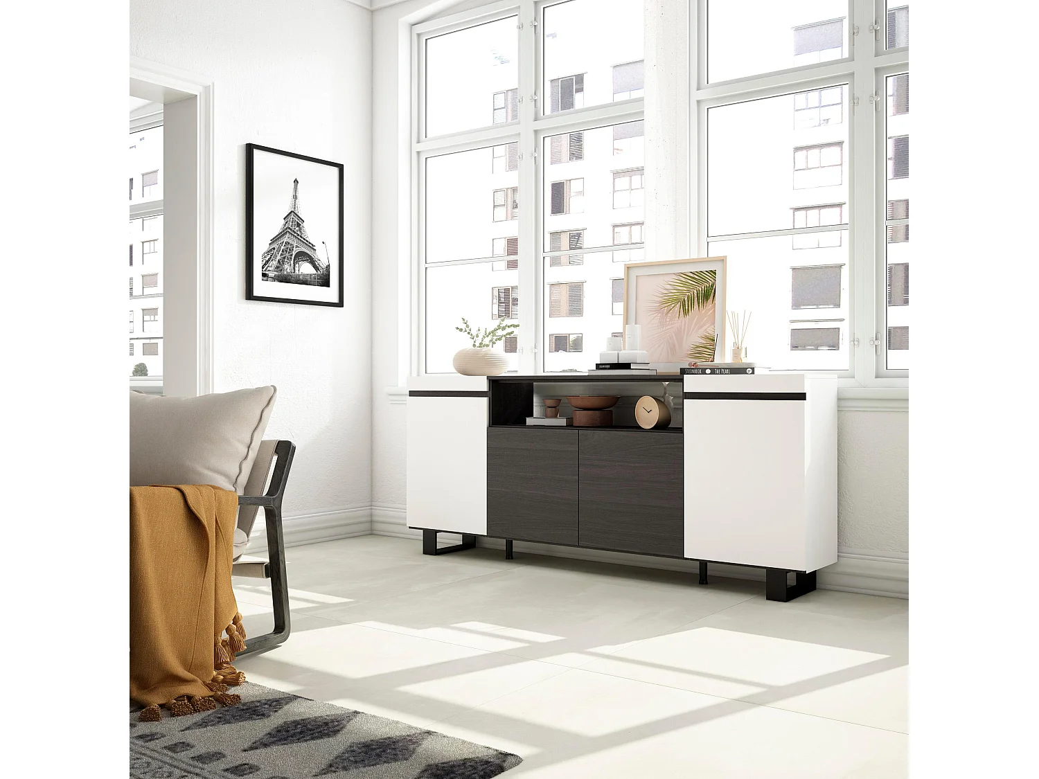 Sideboard, Highboard, 200x35x87cm, 4 Türen, Industriedesign, Weiß und Schwarz