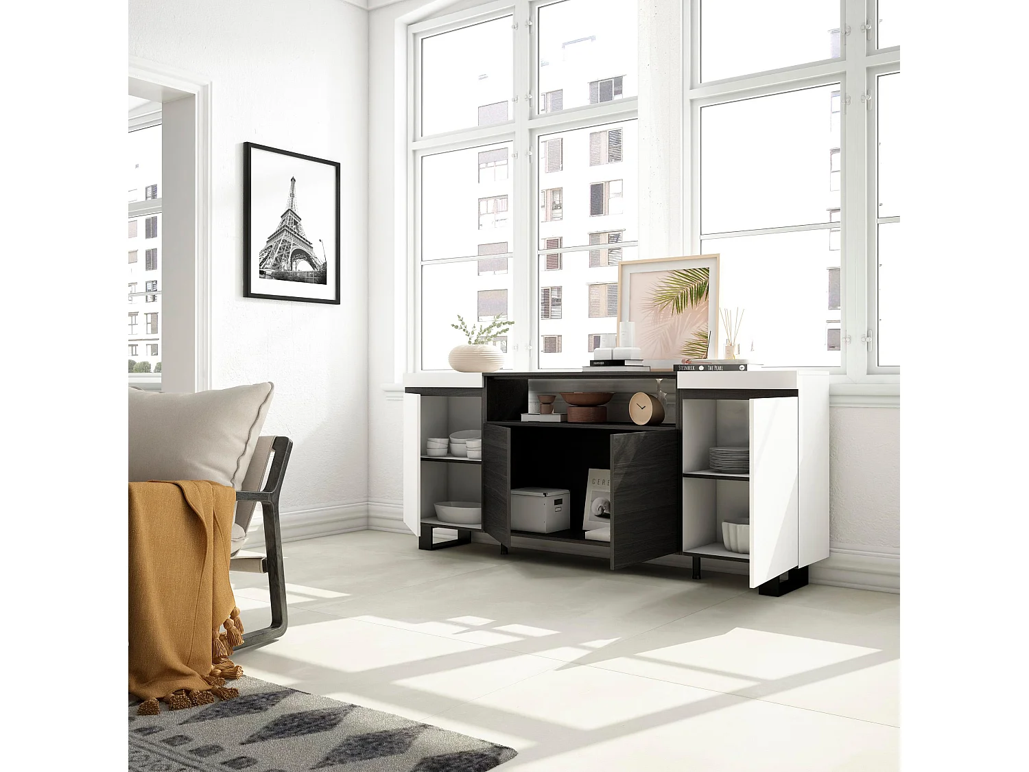 Sideboard, Highboard, 200x35x87cm, 4 Türen, Industriedesign, Weiß und Schwarz