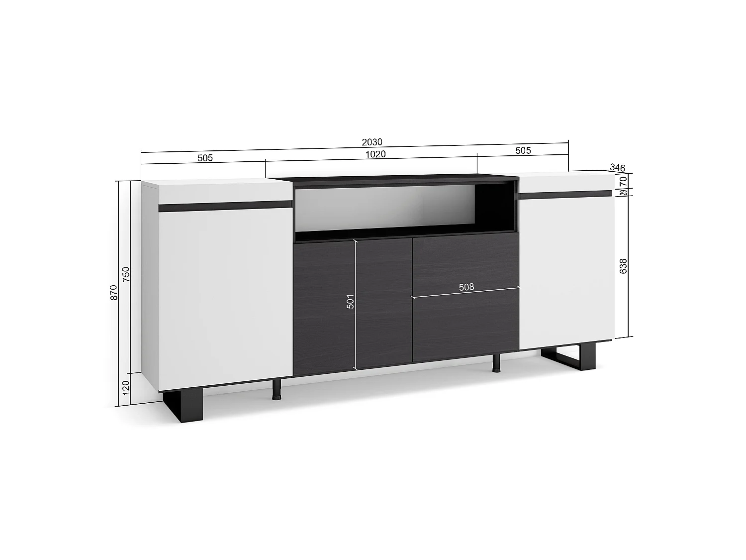 Sideboard, Highboard, 200x35x87cm, 4 Türen, Industriedesign, Weiß und Schwarz