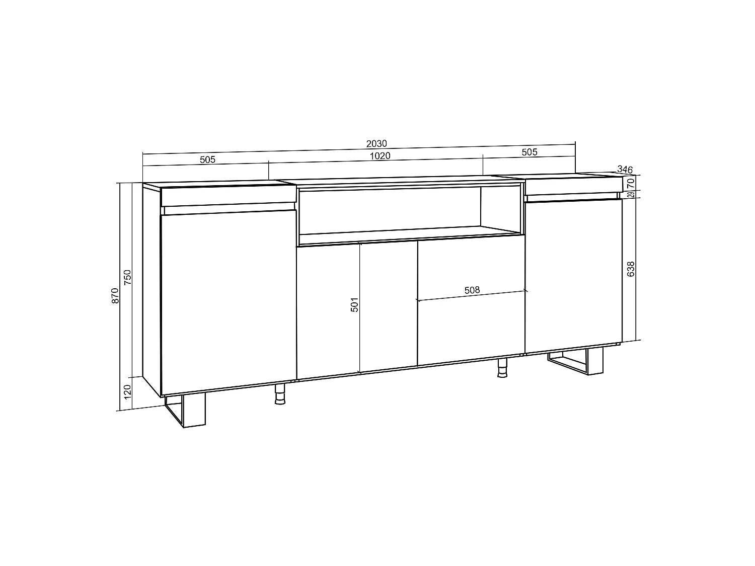 Sideboard, Highboard, 200x35x87cm, 4 Türen, Industriedesign, Weiß und Schwarz