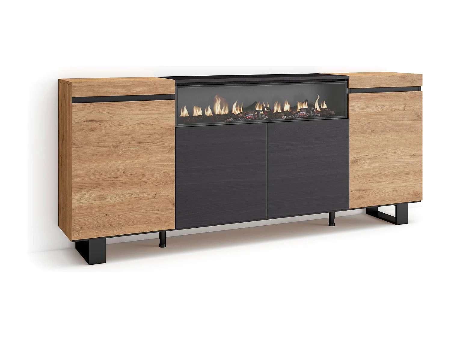 Sideboard, Highboard, 200x35x87cm, 4 Türen, Elektrokamin, Industriedesign, Eiche Schwarz