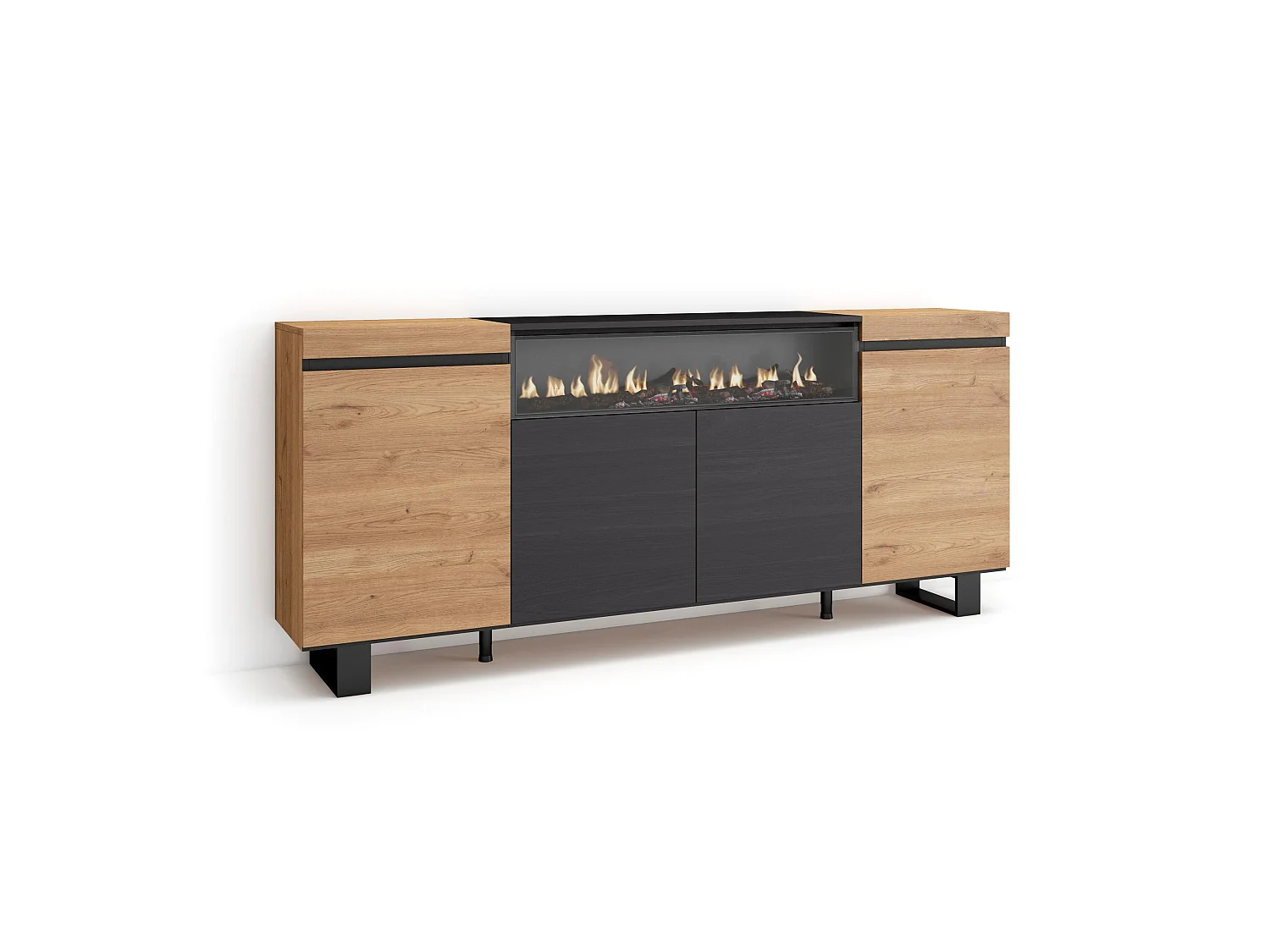 Buffet salon et cuisine, 200x35x87cm, 4 Portes, Cheminée électrique, Design industriel, Chêne et noir