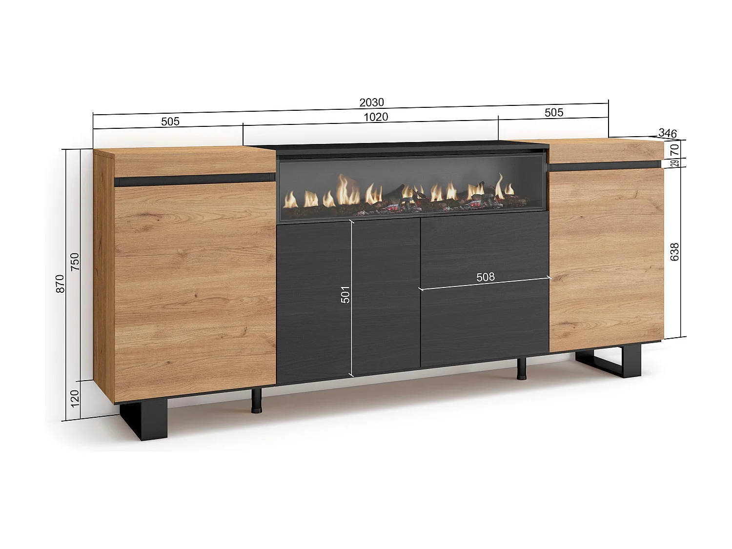 Buffet salon et cuisine, 200x35x87cm, 4 Portes, Cheminée électrique, Design industriel, Chêne et noir