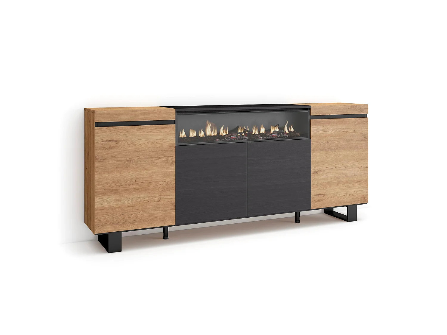 Dressoir, Opbergkast, 200x35x87cm, 4 Deuren, Elektrische haard, Industrieel design, Eiken/Zwart