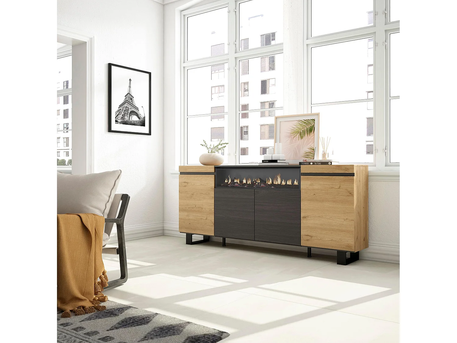 Dressoir, Opbergkast, 200x35x87cm, 4 Deuren, Elektrische haard, Industrieel design, Eiken/Zwart