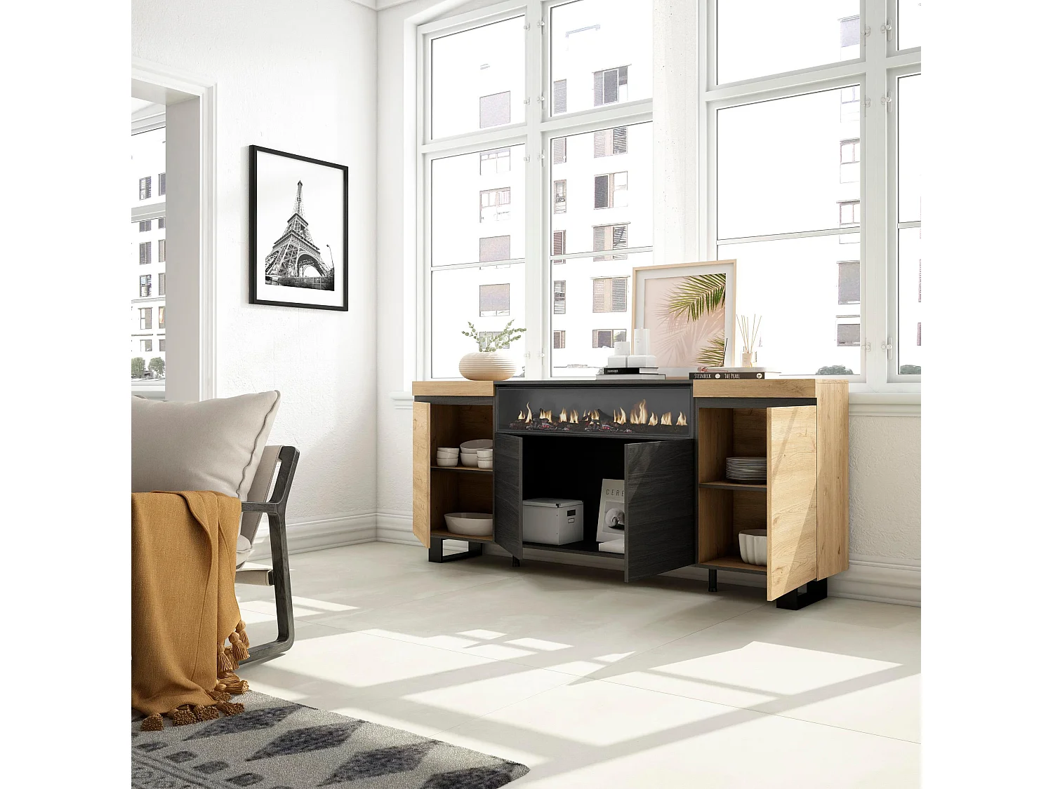 Dressoir, Opbergkast, 200x35x87cm, 4 Deuren, Elektrische haard, Industrieel design, Eiken/Zwart