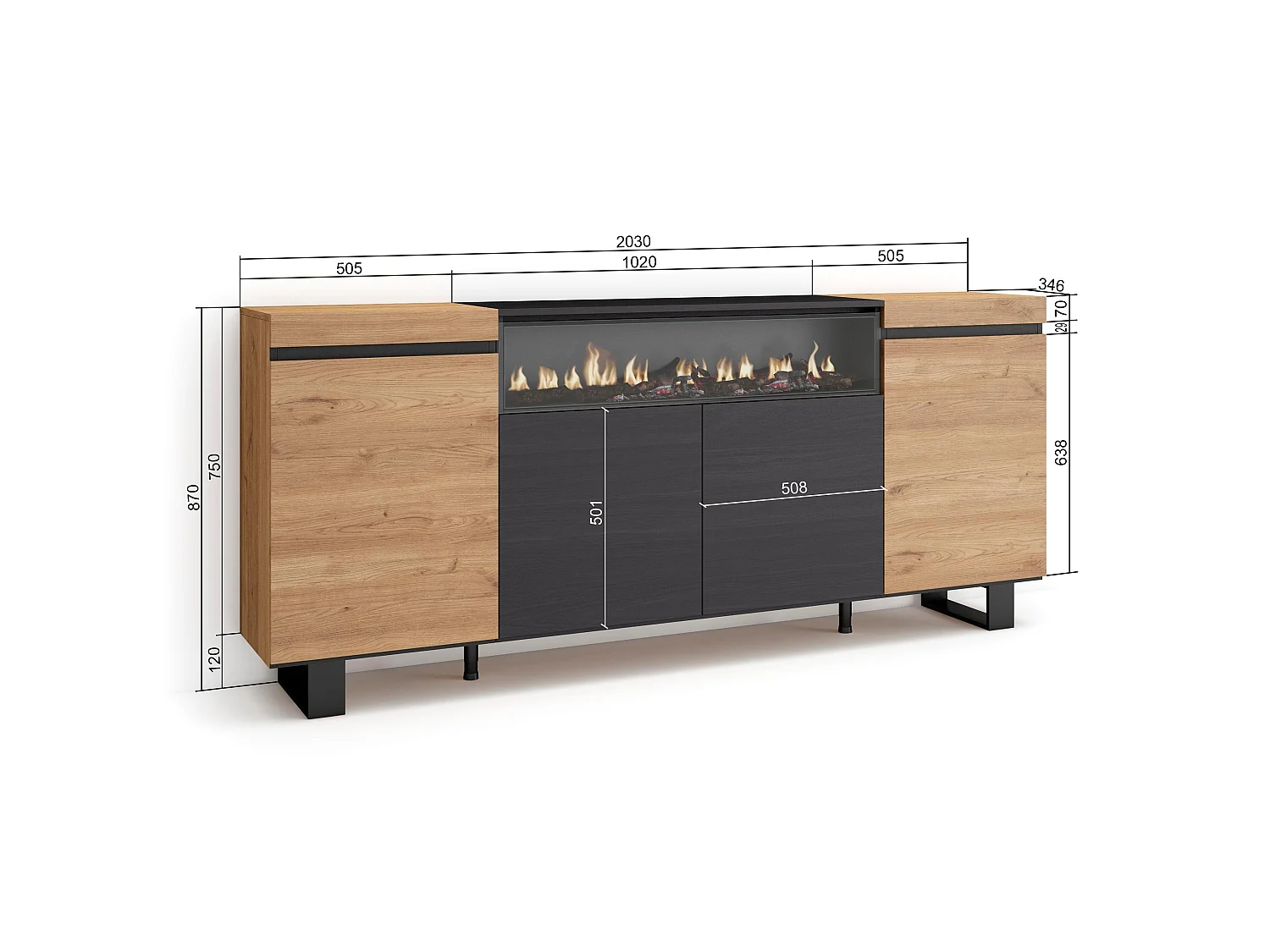 Dressoir, Opbergkast, 200x35x87cm, 4 Deuren, Elektrische haard, Industrieel design, Eiken/Zwart
