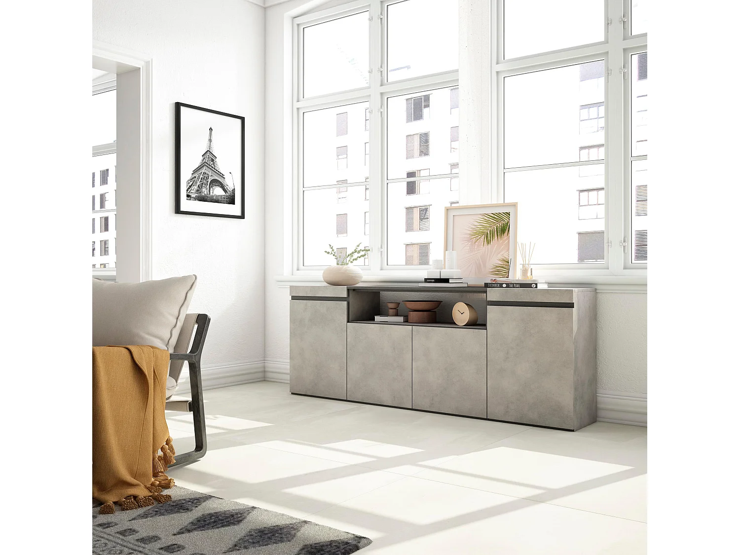 Sideboard, Highboard, 200x35x75cm, 4 Türen, Wohnzimmer, Küche, Zement