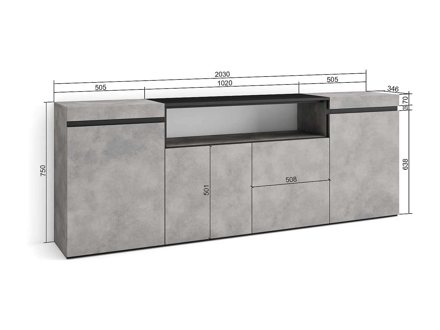 Sideboard, Highboard, 200x35x75cm, 4 Türen, Wohnzimmer, Küche, Zement