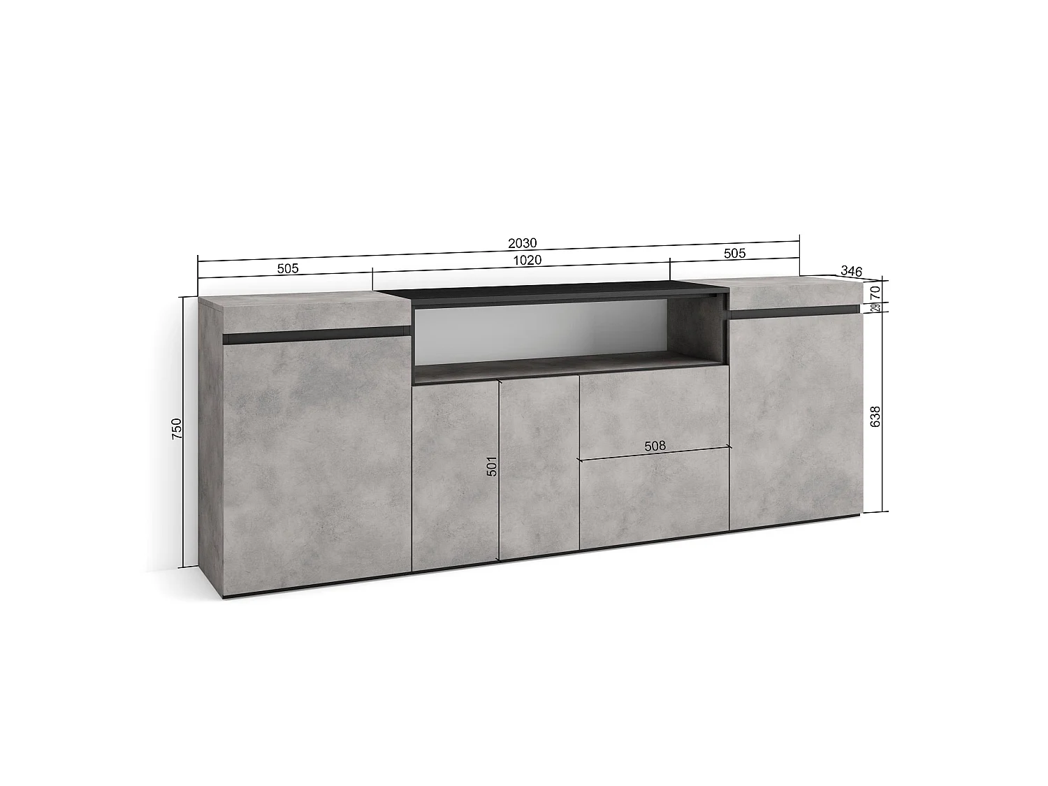 Buffet salon et cuisine, 200x35x75cm, 4 Portes, Meubles à chaussures, Ciment