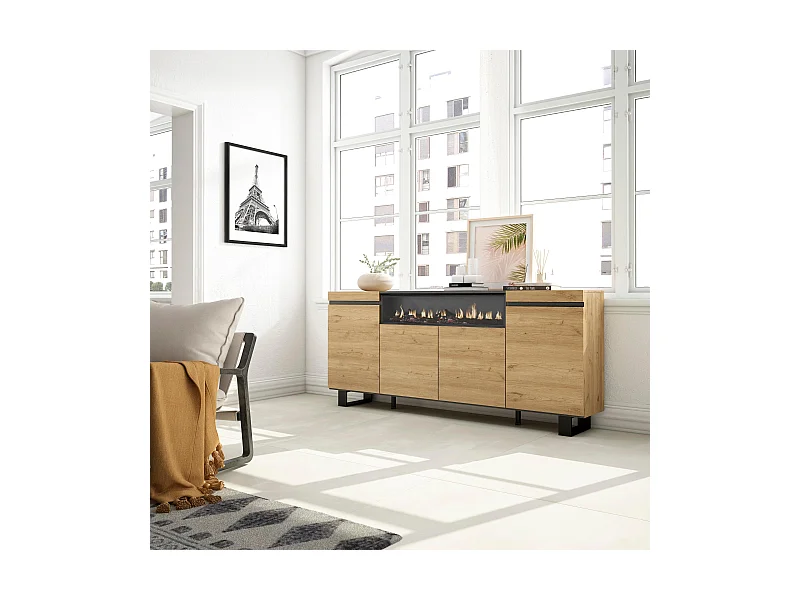 Sideboard, Highboard, 200x35x87cm, 4 Türen, Elektrokamin, Industriedesign, Eiche Schwarz