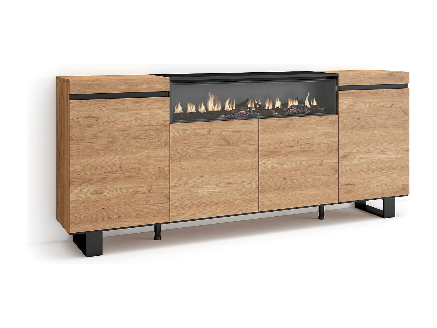 Aparador sala de jantar, 200x35x87cm, 4 Portas, Lareira eléctrica, Design industrial, Carvahlo e preto